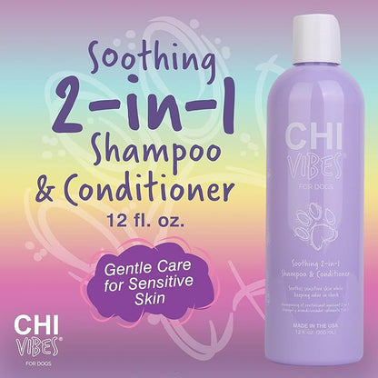 CHI Vibes for Dogs Soothing 2-in-1 Dog Shampoo & Conditioner, Sensitive Skin Cleanser + Dog Deodorizer for Puppies & Adults, Vegan pH Balanced, Gluten & Paraben Free, Made in The USA, 12 Fl Oz