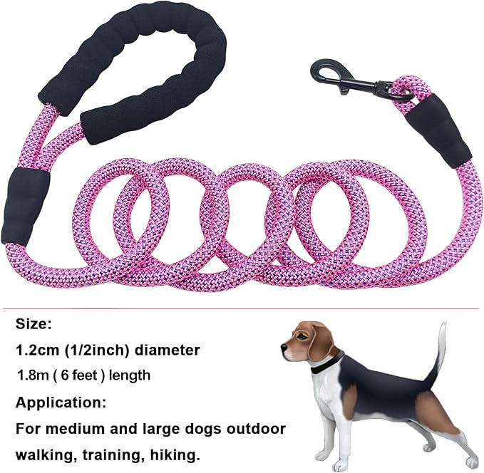 MayPaw Heavy Duty Rope Dog Leash, 3/6/8/10FT Nylon Pet Leash, Soft Padded Handle Thick Lead Leashes for Large Medium Dogs (Pink-Blue dot, 1/2" * 6')