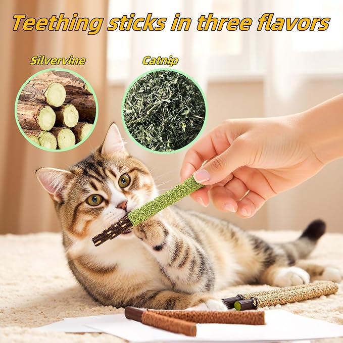 Cat Toys 12PCS Catnip Toy for Indoor Kitten Toys Cat Chew Stick for Dental Cleaning Teeth Cat Silvervine Matatabi Rope Treat Kitty Feather Snack for for Kick Molar Scratch Self Play