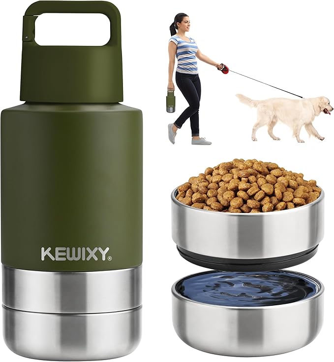 KEWIXY Insulated Dog Travel Water Bottle with Detachable Bowls, 3 in 1 Portable Dog Water Bottle Dispenser, Dog Accessories for Walking, Hiking, Camping, Outdoor (Olive Green, 32 Oz)