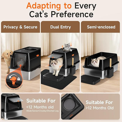 Extra Large Stainless Steel Litter Box with Lid, High Sided Enclosed Metal Cat Litter Pan, Dog Proof Front Entry Top Exit, Odor Control Easy Clean Leak Proof, Includes Mat, Scoop & Step, Black
