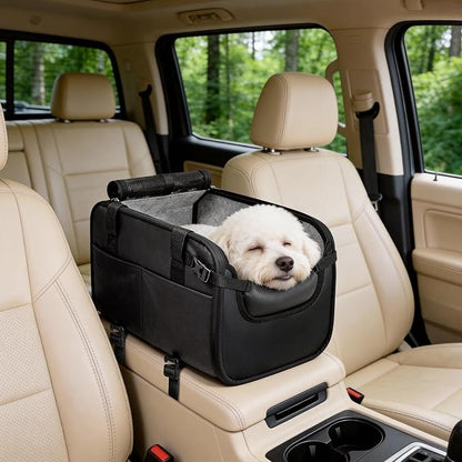 YUDODO Large Dog Car Seat for Center Console (Width＞9.5in) Fits 10-18lbs, Anti-Slip Puppy Cat Travel Portable Booster Seat, Luxury Pet Car Bed Carseat PU Leather Black