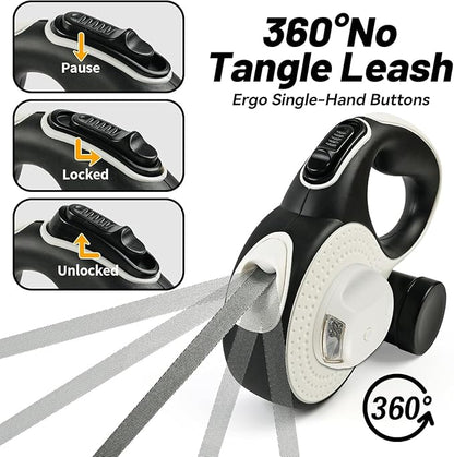 Retractable Dog Leash with LED Light for Night Walking – 16ft Tangle-Free Leash with Poop Bag Dispenser, One-Button Lock, Reflective Handle