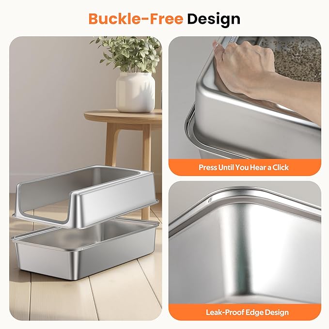 Stainless Steel Litter Box with Metal Lid and Scoop - Enclosed Metal Litter Box for Large Cats, Rust-Resistant, Odor-Control, Easy to Clean, Durable & Long-Lasting with Round Edge (XL-)