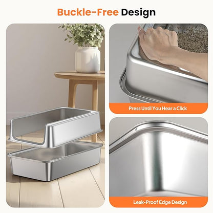 Stainless Steel Litter Box with Metal Lid and Scoop - Enclosed Metal Litter Box for Large Cats, Rust-Resistant, Odor-Control, Easy to Clean, Durable & Long-Lasting with Round Edge (XL-)