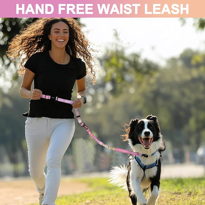 Heavy Duty Hands Free Dog Leash with Quick Release Carabiner and Adjustable No Pull Bungee Dog Running Waist Leash，for Walking and Training with Car Seat Belt 4-6FT (Pinkish Yellow)