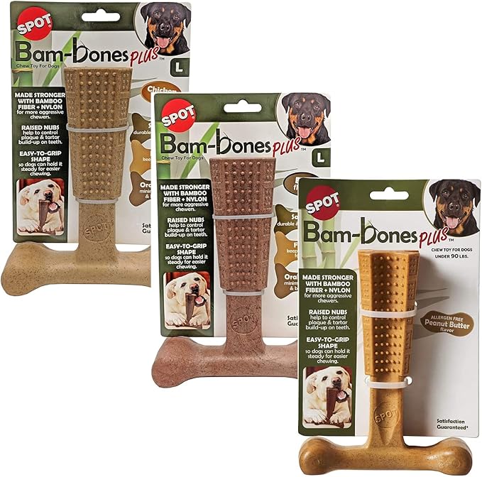SPOT by Ethical Products 4 in Bambone Plus Easy Grip Peanut Butter, Beef & Chicken Dog Chew Bundle - Bamboo & Nylon Anti Anxiety Bone for Aggressive Chewers & Dental Health for Dogs - Large (3 Pack)