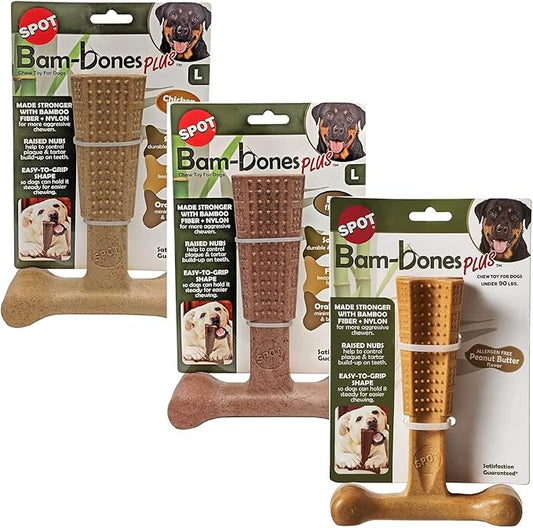 SPOT by Ethical Products 4 in Bambone Plus Easy Grip Peanut Butter, Beef & Chicken Dog Chew Bundle - Bamboo & Nylon Anti Anxiety Bone for Aggressive Chewers & Dental Health for Dogs - Large (3 Pack)