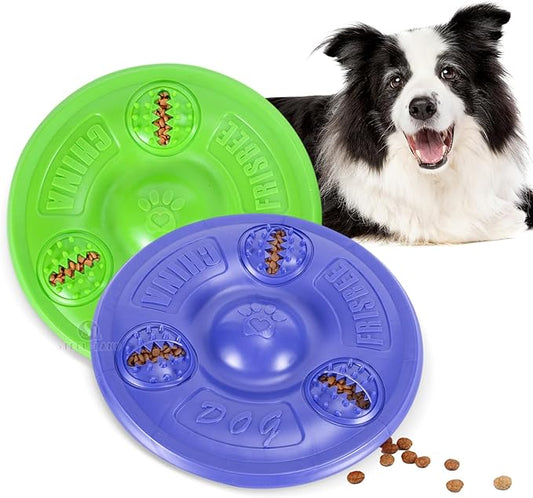 2Pcs Dog Frisbee with Treat Holes,8'' Soft TPR Flying Disc Chew Toy for Dogs, Treat Dispensing Fetch Toy for Outdoor Play & Exercise, Stress Relief Dog Toy(Purple ×1 + Green ×1)