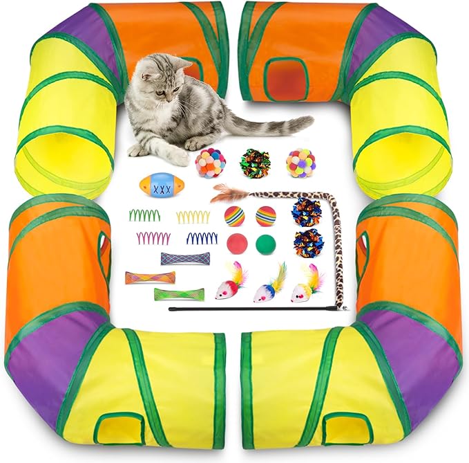 Retro Shaw 25Pcs Cat Toys, Extra Large Tunnels with Cats Toys, Ideal Indoor Interactive Kitten Toys, Kitty Tube Tent Feather Wand Teaser Balls Bell Crinkle Fuzzy Springs Mouse
