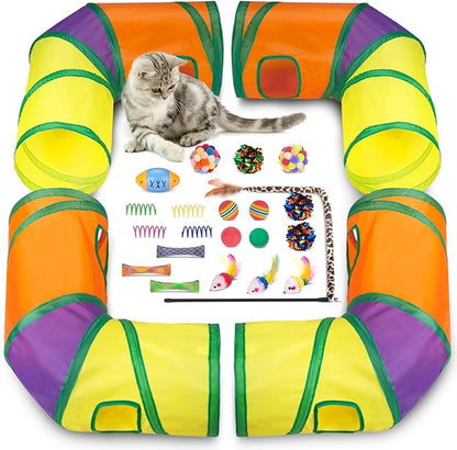 Retro Shaw 25Pcs Cat Toys, Extra Large Tunnels with Cats Toys, Ideal Indoor Interactive Kitten Toys, Kitty Tube Tent Feather Wand Teaser Balls Bell Crinkle Fuzzy Springs Mouse