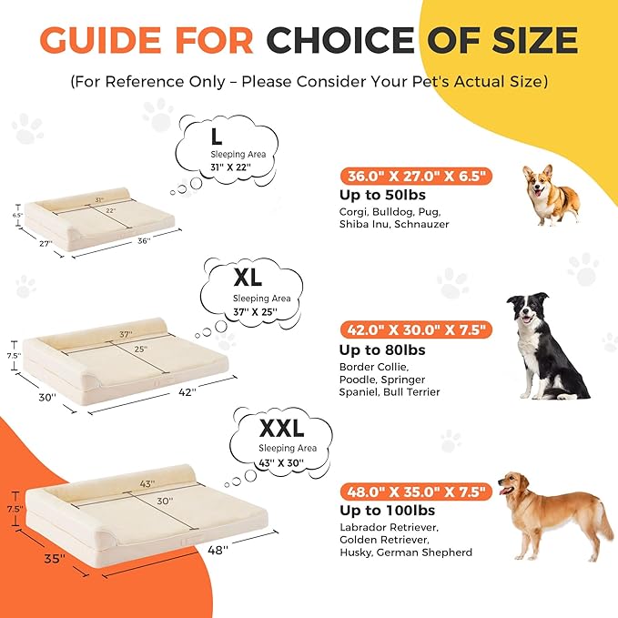 Dog Bed Large Sized Dogs, XL Orthopedic Dog Bed for Large Dogs, Waterproof Pet Bed with Washable Removable Cover, L-Shaped Pet Couch with Portable Handle 42"x30"x7.5", Beige
