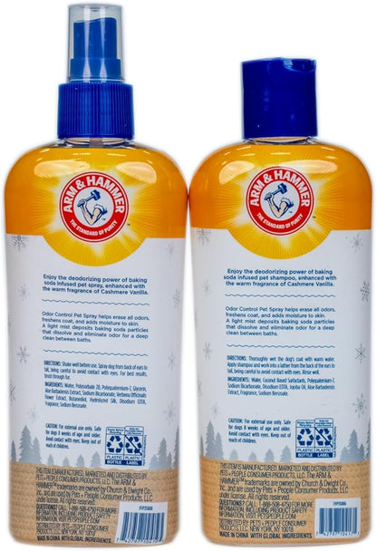 Arm & Hammer Odor Control Pet Deodorizing Set, Holiday Edition: Includes Dog Shampoo, 8FL OZ + Bath Spray, 8FL OZ, Cashmere Vanilla Scent