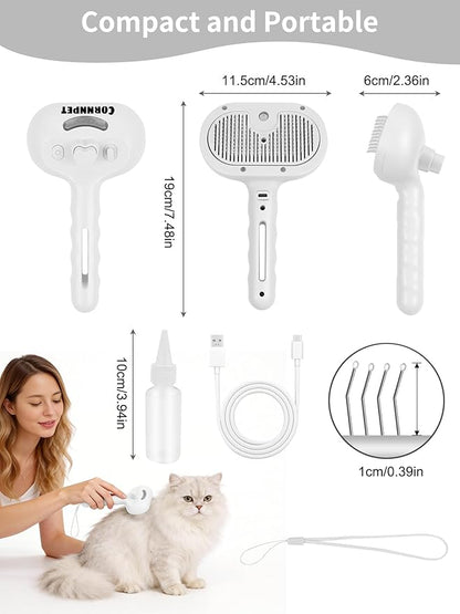 Dog Steam Brush Self Cleaning 3 in 1 Cat Steam Brush for Hair Shedding Massaging Grooming,Reducing Flying Fur & Static,Spray Comb with Storage String for Long Short Haired Furry Pets - White