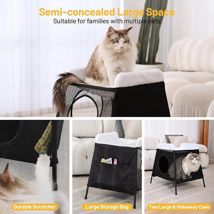 Elevated Cat Bed with Cat Hammock, 2-Story Indoor Cat House with Cave & Washable Cover, Multi-Cat Furniture
