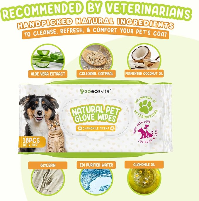 Pet Deodorizing Glove Wipes for Dogs & Cats | Nourish & Clean Fur & Skin | Coconut Oil & Chamomile Rinse-Free Wipes | Bathing Glove Wipes for Daily Care | Natural, Hypoallergenic (18 Pack)