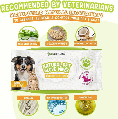 Pet Deodorizing Glove Wipes for Dogs & Cats | Nourish & Clean Fur & Skin | Coconut Oil & Chamomile Rinse-Free Wipes | Bathing Glove Wipes for Daily Care | Natural, Hypoallergenic (18 Pack)