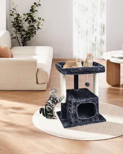 SYANDLVY 27IN Cat Tree for Indoor Cats Large Adult, Modern Activity Tower with Scratching Posts, Condo with Plush Perch, Climbing Stand with Spring Ball for Play, Smoky