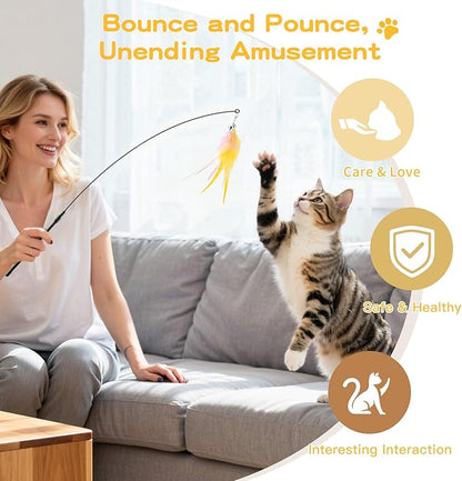 Pawaboo Feather Teaser Cat Toy, Interactive Feather Wand Cats Toy Flying Feathers Cat Catcher with Extra Long 34.5" Wand and Small Bell, Exerciser Playing Toys for Kitten or Cats, Pink+White+Yellow