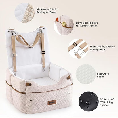 ZOMISIA Elevated Dog Car Seat for Medium Dogs, 3 Adjustable Heights with 2 Egg Crate Foam Boosters 4"+2", Dual-Sided Cooling&Plush Waterproof Cover, 2 Safety Leashes & Buckles, Beige