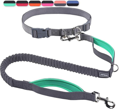 VIVAGLORY Hands Free Dog Leash Bungeeone Running Dog Leash with Waist Belt for Running Walking & Jogging, Bungee & Around Waist for Pet, M, Grey/Turquoise