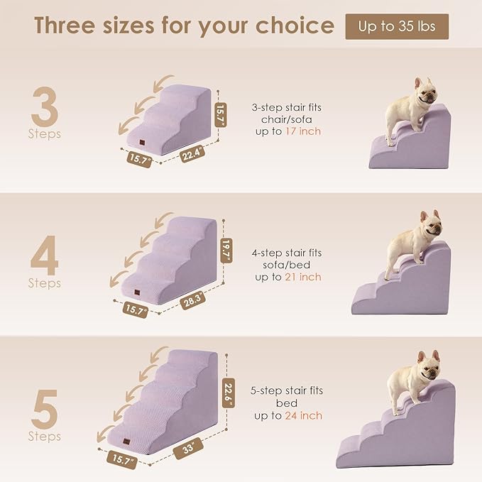 EHEYCIGA Curved Dog Stairs Ramp for High Beds 19.7" H, 4-Step Dog Steps for Small Dogs and Cats, Pet Stairs for High Bed Climbing, Non-Slip Balanced Pet Step Indoor, Lilac