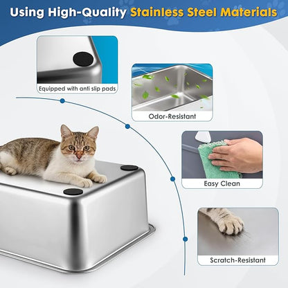 Enclosed Stainless Steel Cat Litter Box with Lid, Top Entry Design,Dog Proof,Protection for Cat Privacy, Includes Scoop, Suitable for Kitty&Medium (Grey)