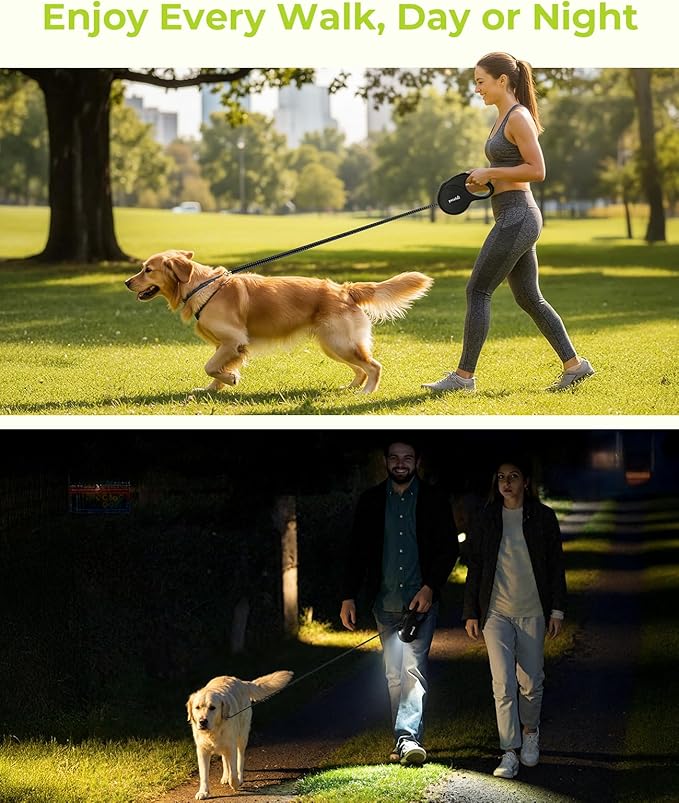Pecute Retractable Dog Leash with Flashlight, 26ft Heavy Duty Retractable Pet Leash with Light, One-Button Control, Anti-Twist Protection, Reflective Leashes for Medium Large Pets Dogs Up to 110 lbs