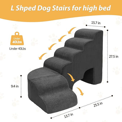 Dog Stairs for High Beds, 6 Steps Soft Foam Pet Stairs for Bed 27-30 inches, L Shaped Dog Steps, Non-Slip Sturdy Pet Stairs, 30D Foam Doggie Ramp for Small/Large Dogs/Old Cats
