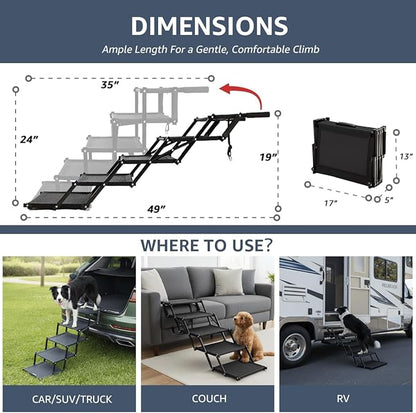 Oiilores Foldable Dog Stairs for Large Dogs - Extra Wide Pet Ramp for Cars, SUV, Truck, Non-Slip Surface, Supports Up to 250 Lbs, 5 Steps