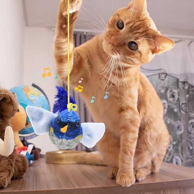 Flying Bird Cat Toys, Interactive Chirping Bird Cats Feather Toys Hanging Cat String Toy for Bored Kittens Adult Multi Households