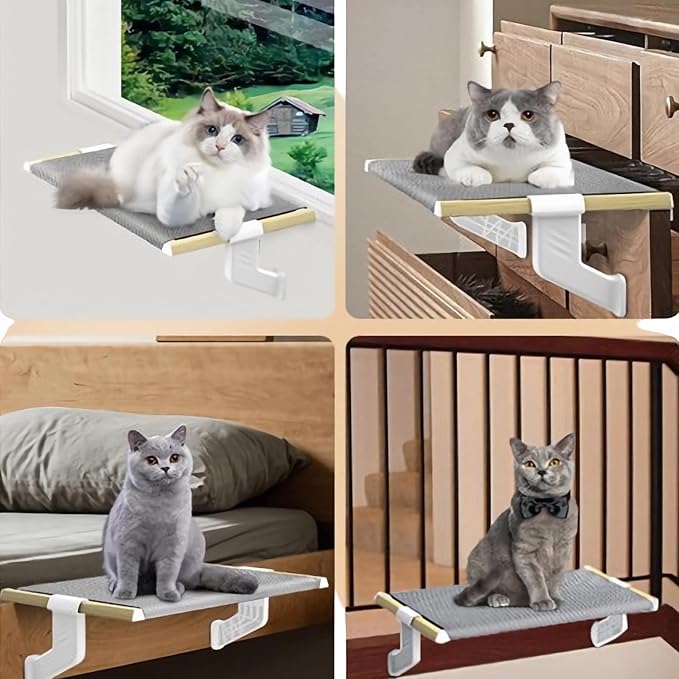 Cat Bed Window Sill Perch,Adjustable Cat Bedside Hammock Metal Frame Kitten Shelf Windowsill for Indoor Large Heavy Cats No Drilling Window Sill Extender for Pets (Wood, M)
