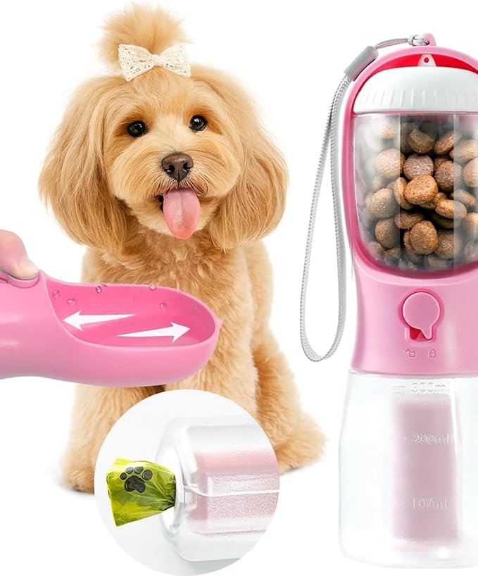 Three-in-One Pet Water Bottle and Food Container, Pink, Leak-Proof Design with Waste Bag Dispenser, 300ml Water, 100g Food Capacity