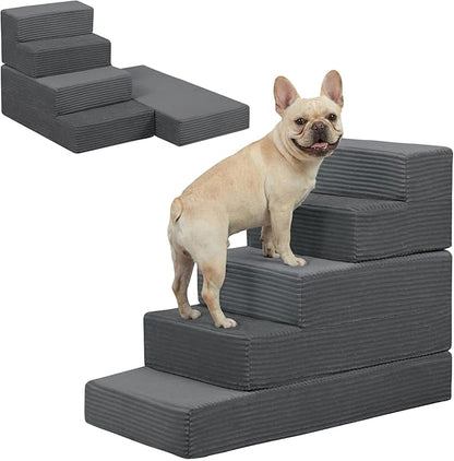 Dog Stairs for Small Dogs, 5 Step Pet Stairs for High Beds and Couch, Dog Steps for Bed Balanced 22.4" H, Foldable Pet Ramp for Large Cats Climb, Non-Slip Bottom Doggy Step, Dark Grey