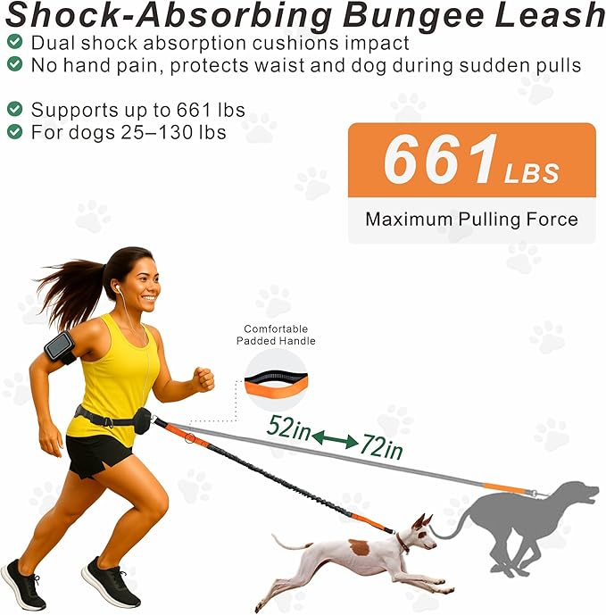 Hands-Free Dog Leash for Dogs up to 130 lbs – Heavy-Duty, Shock-Absorbing Bungee Leash with Zipper Pouch, Dual Padded Handles & Adjustable Waist Belt for Running & Walking – Bright Orange