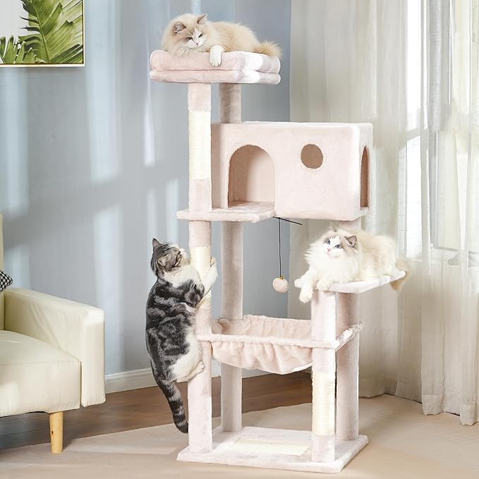 54” Cat Tree with Big Hammock 21x17” XL Cat Tower with Scratching Posts Featuring Large Top Bed, Scratcher Pad, Spacious Condo House and Detectable Ball for Indoor Cats-Large Beige