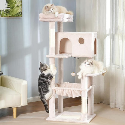 54” Cat Tree with Big Hammock 21x17” XL Cat Tower with Scratching Posts Featuring Large Top Bed, Scratcher Pad, Spacious Condo House and Detectable Ball for Indoor Cats-Large Beige