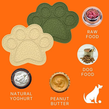 Lick Mat for Dogs & Cats 2 Pack, DOOGUES Slow Feeder Mat for Anxiety Relief, Non-Slip Suction Cups, Spread with Peanut Butter, Yoghurt, or Treats, Suitable for Small and Medium Pets (Green & Beige)