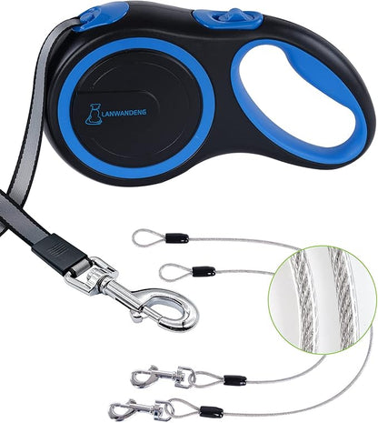 26FT Chew Proof Retractable Dog Leash with 2 Heavy Duty Anti-Chewing Wire Ropes, 360° Tangle-Free Dog Lead with Anti-Slip Handle for Small/Medium/Large Dogs Blue