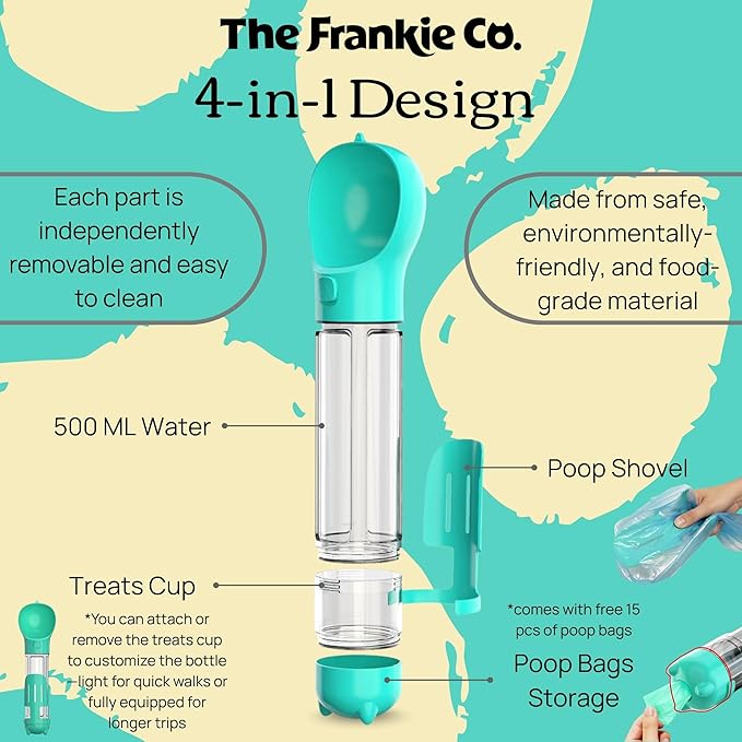 4 in 1 Dog Water Bottle, Leakproof Pet Water Dispenser with Bowl, Poop Bag Holder & Shovel, Dog Travel Accessories for Dogs and Cats, 17oz