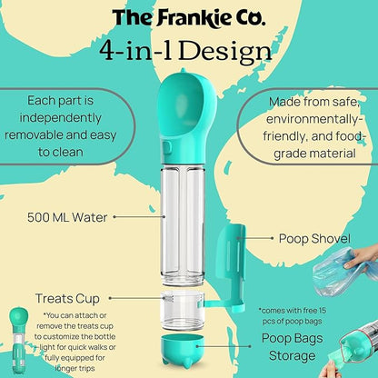 4 in 1 Dog Water Bottle, Leakproof Pet Water Dispenser with Bowl, Poop Bag Holder & Shovel, Dog Travel Accessories for Dogs and Cats, 17oz