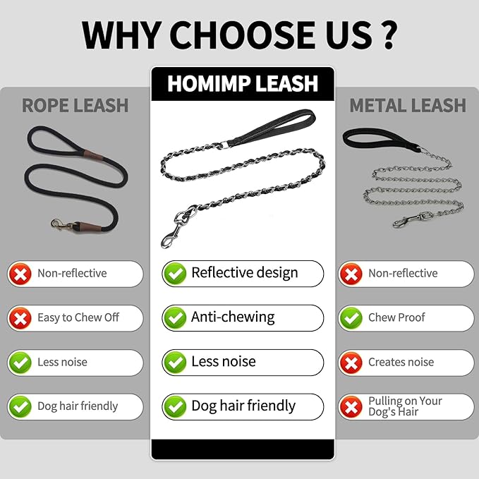HOMIMP Heavy Duty Dog Leash - Chew Proof 4 FT, Reflective, Metal Training Leash with Soft Padded Handle, Strong Rope for Night Walking, Black