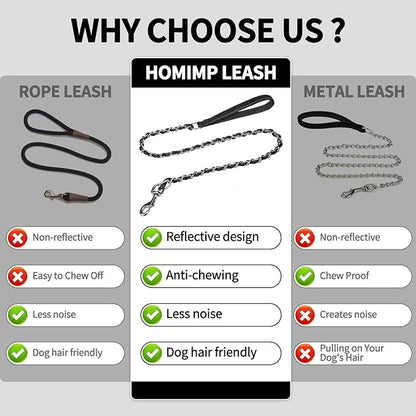 HOMIMP Heavy Duty Dog Leash - Chew Proof 4 FT, Reflective, Metal Training Leash with Soft Padded Handle, Strong Rope for Night Walking, Black