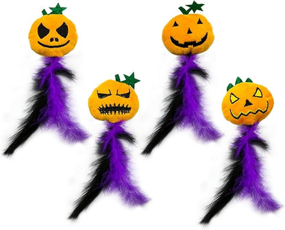Halloween Cat Toys 4 PCS,Pumpkin Feather Cat Toys,Funny Spooky Kitten Interactive Plush Chew Toys for Halloween Thanksgiving Christmas Party Cat Teeth Cleaning Accessories