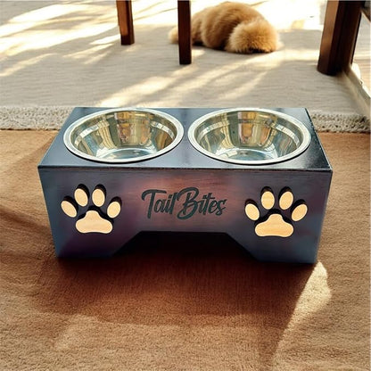 Raised Dog Bowls for Medium & Large Dogs – Wooden Elevated Dog Feeder Stand with 2 Stainless Steel Bowls + Chew Treat (14” x 7” x 6”)