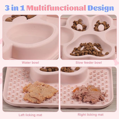 Silicone Slow Feeder Dog Bowls & Cat Bowls, 2 Cups Small Pet Food Bowl with Non-Slip Suction Base, Food-Grade Safe Puzzle Feeder for Small & Medium Dogs & Indoor Cats (Paw Lick Mat (Pink))