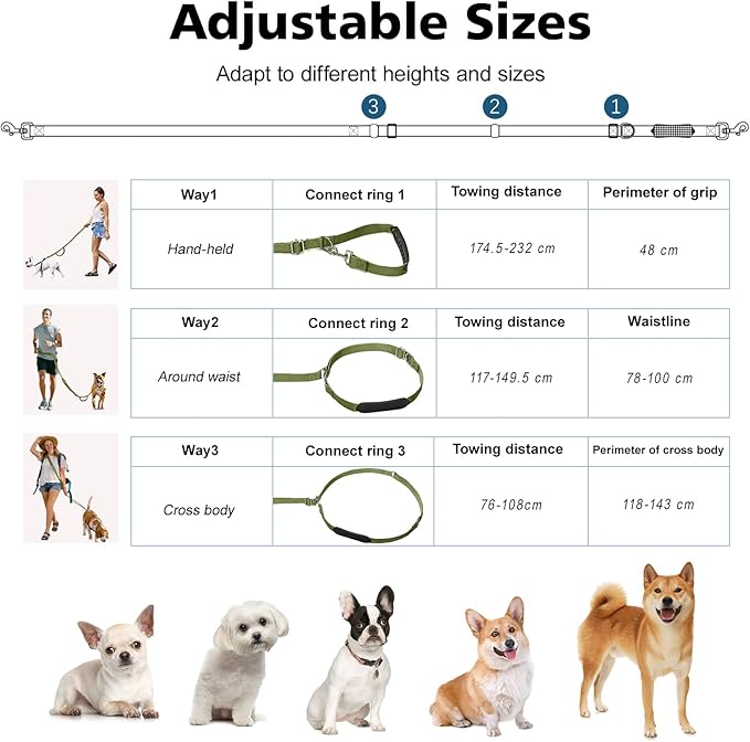 Hands Free Dog Leash, 8.5ft Adjustable Hands Free Leash for Medium Dogs, Versatile Handheld Crossbody Waist Lead with 3 Rings, Easy Adjust for Running Jogging Walking, Sponge Handle, Army Green