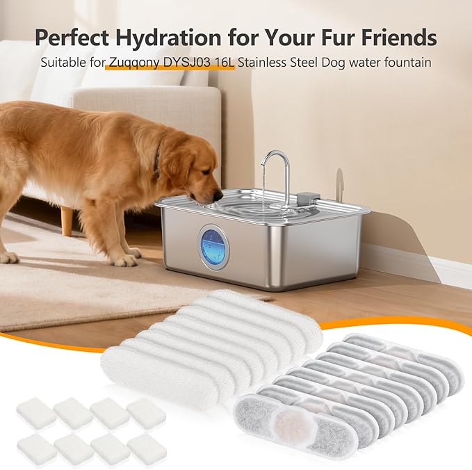 8 Sets Dog Fountain Filter Replacement for Zuqqony DYSJ03 16L/4.2Gal Stainless Steel Large Dog Water Fountain for Large Dogs or Multi-Pet Home