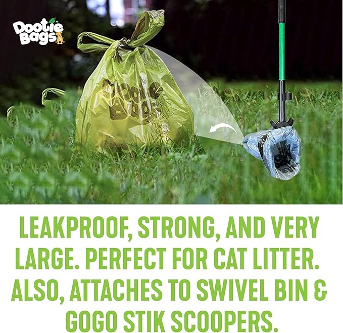 The Original Dootie Bag is Back! Pooch Approved Large Dootie Bags, Dog Poop Bags. Strong, Leakproof - EZ Tie Handles. Perfect for Dogs & Cat Litter. Pet Waste Cleanup, Swivel Bin & GoGo Stik Scoopers.