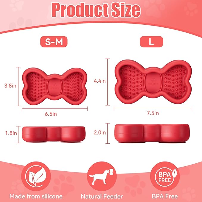 Lick Mat for Dogs, Animire Anti-Spilled Bow Tie Lick Bowls for Anxiety Relief, Silicone Slow Feeder Licking Pad with Suction Cups, Freezeable Dog Enrichment Toy for Boredom and Distraction(Red,L)